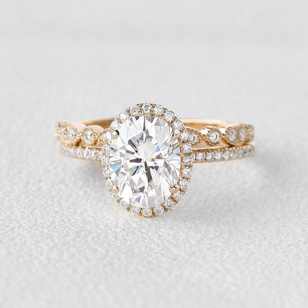 Crafted Detail Glistening Gem 2.0ct Oval Moissanite Pave Vintage Halo Ring Set 2pcs - Olivia