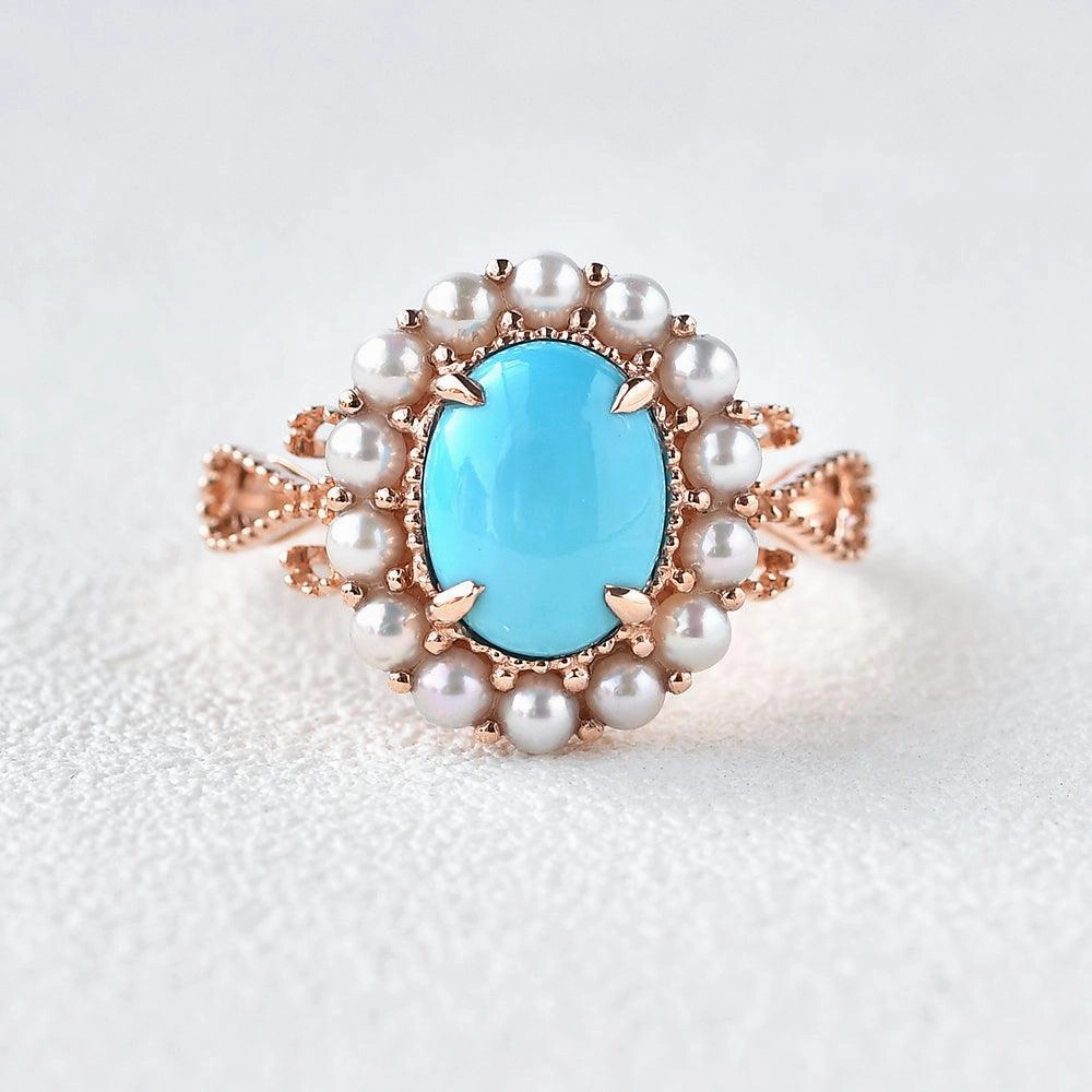 2.0ct Oval Turquoise Bohemian Vintage Halo Ring Utilitarian Design Evening Wear