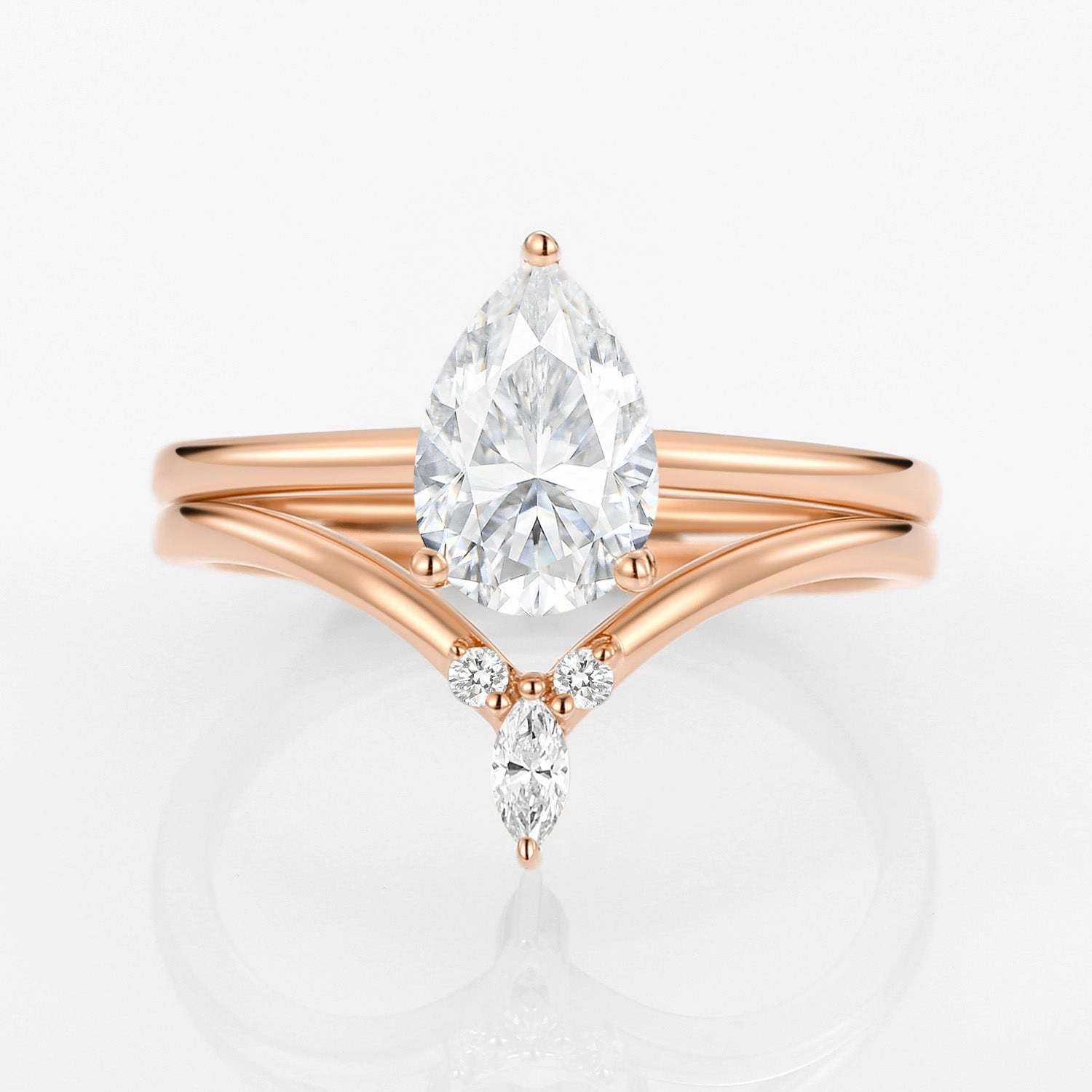 2.0ct Pear Moissanite Classic Solitaire Ring Set 2pcs Everyday Wear Petite Jewelry