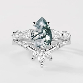 Linear Form Allure Edge 2.0ct Pear Shaped Moss Agate Chevron Bridal Ring Set 2pcs
