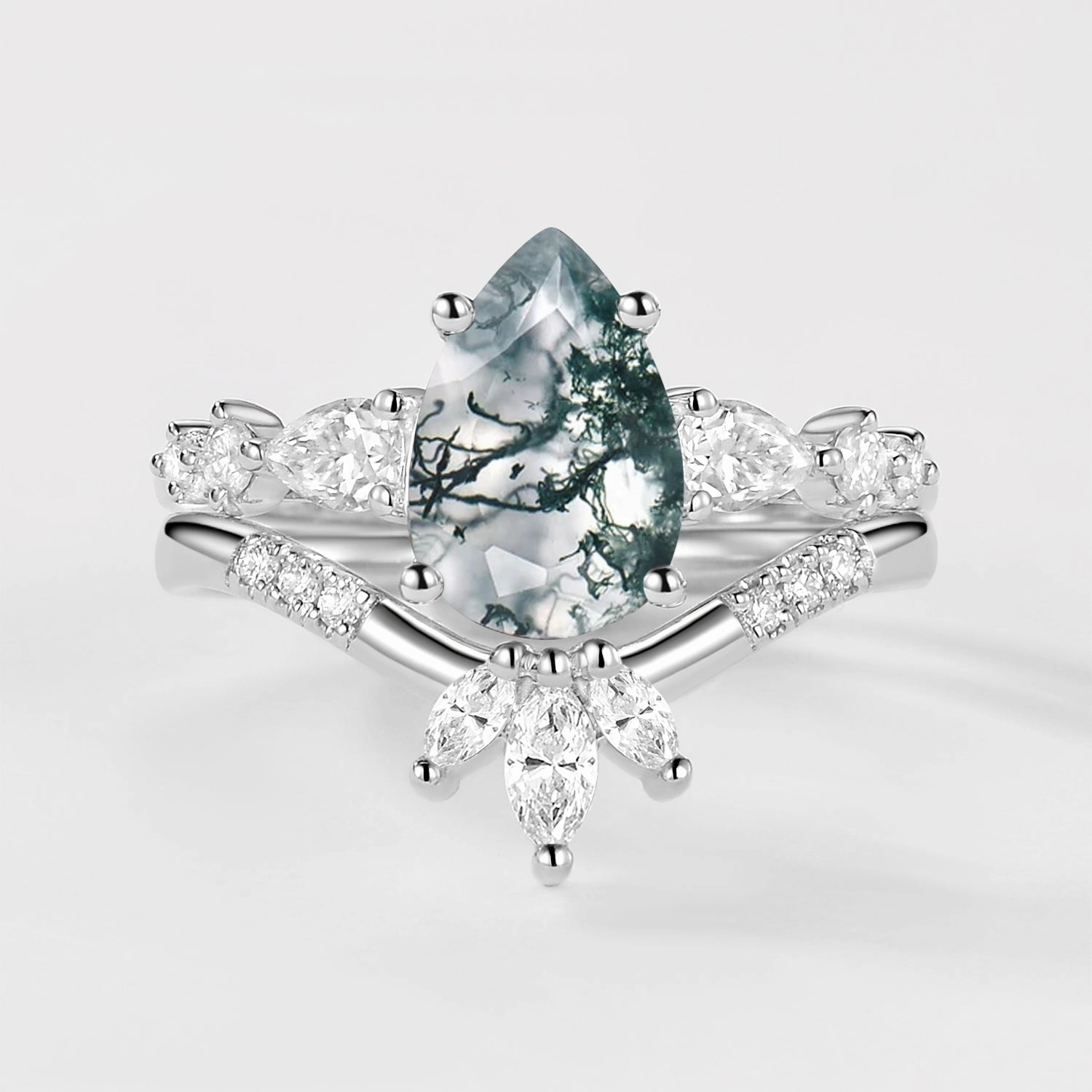 2.0ct Pear Shaped Moss Agate Chevron Bridal Ring Set 2pcs Event Ready All Purpose