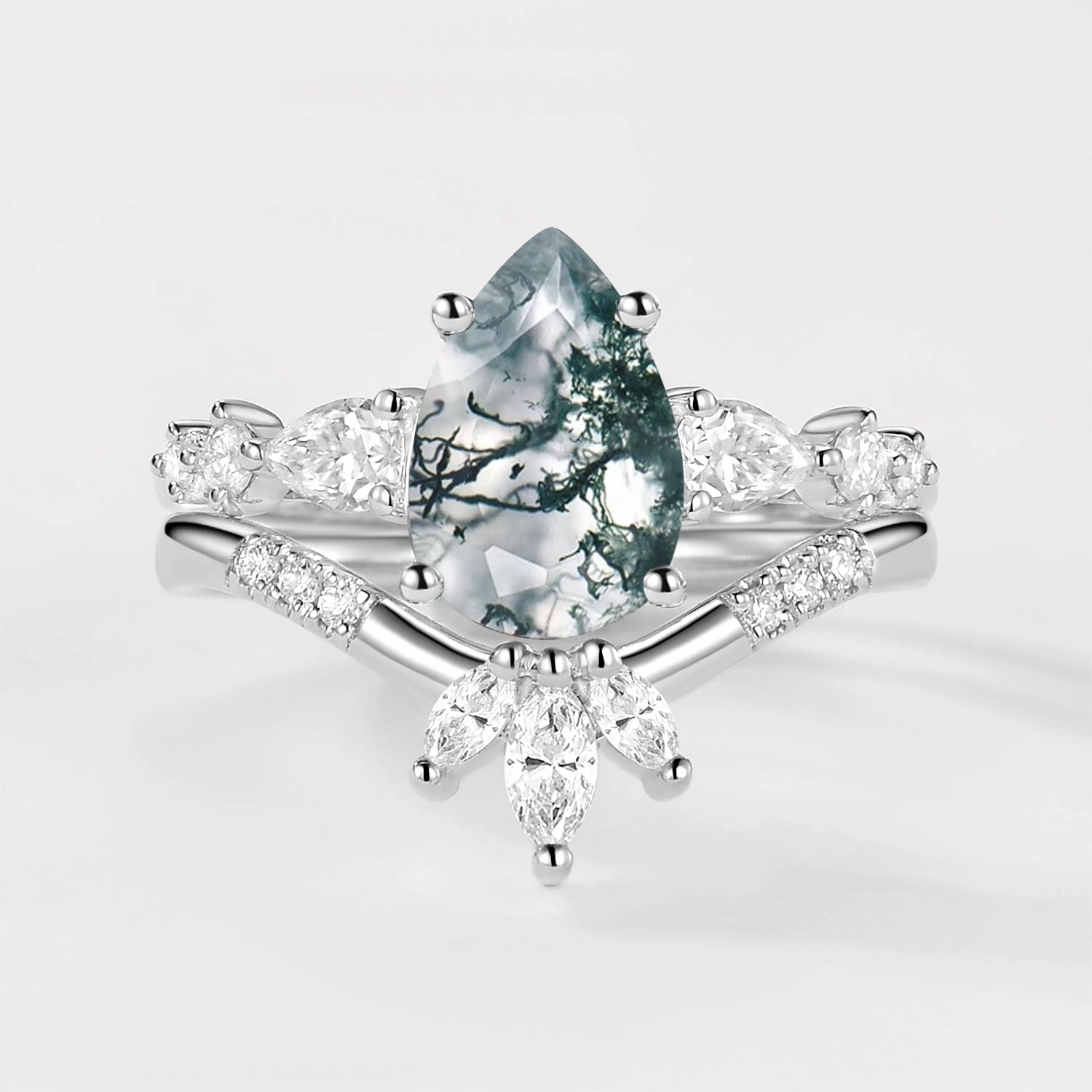 2.0ct Pear Shaped Moss Agate Chevron Bridal Ring Set 2pcs Premium Quality Bold Edge