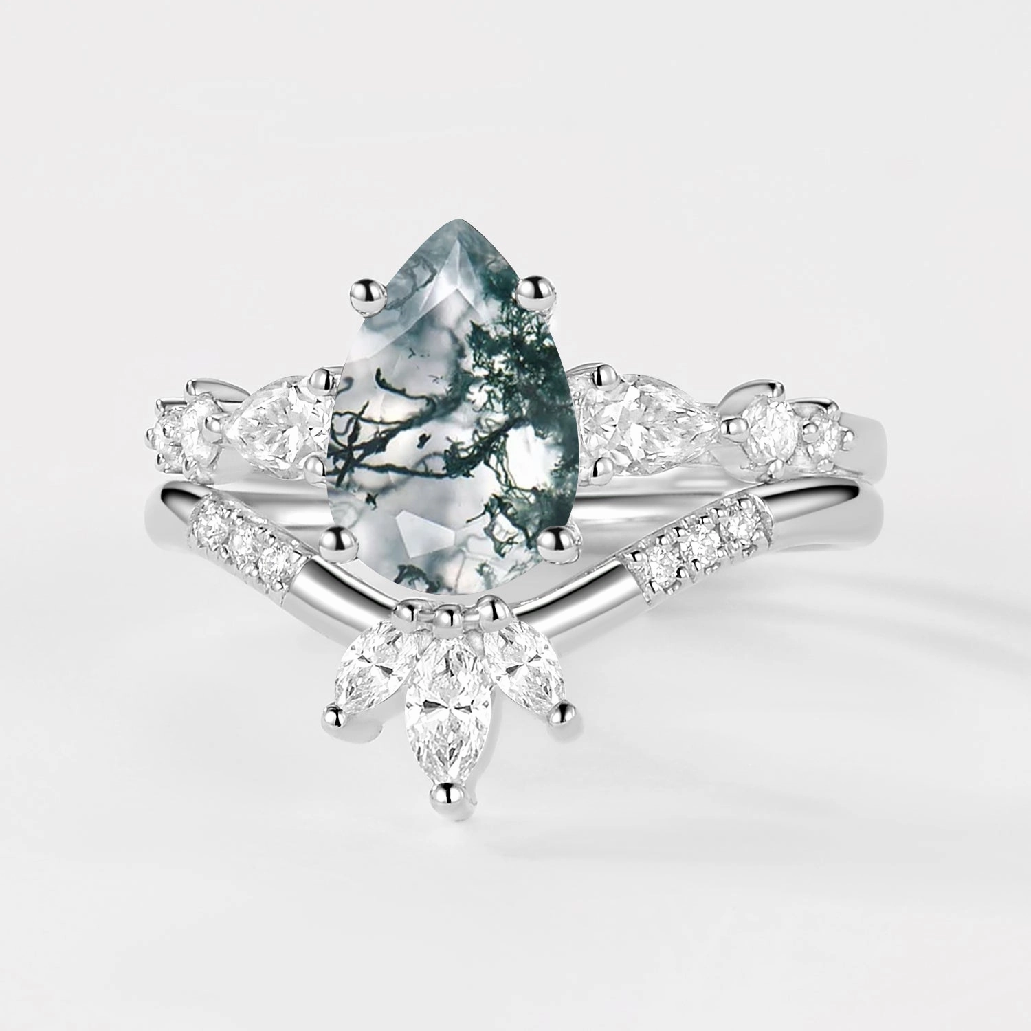 Modern Detailing Trendy Finish 2.0ct Pear Shaped Moss Agate Chevron Bridal Ring Set 2pcs