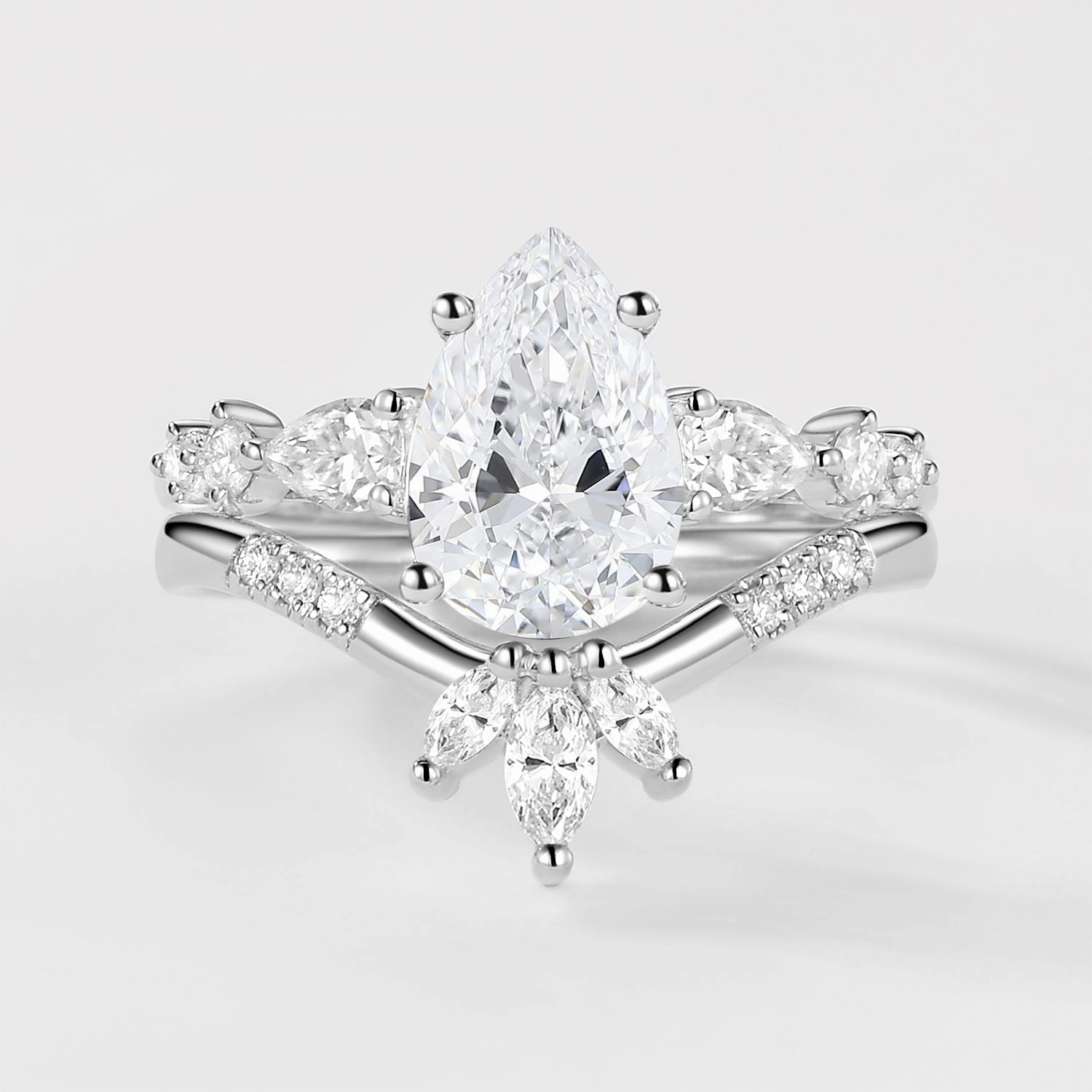 custom design Anniversary Jewelry 2.0ct Pear Shaped Moss Agate Chevron Bridal Ring Set 2pcs