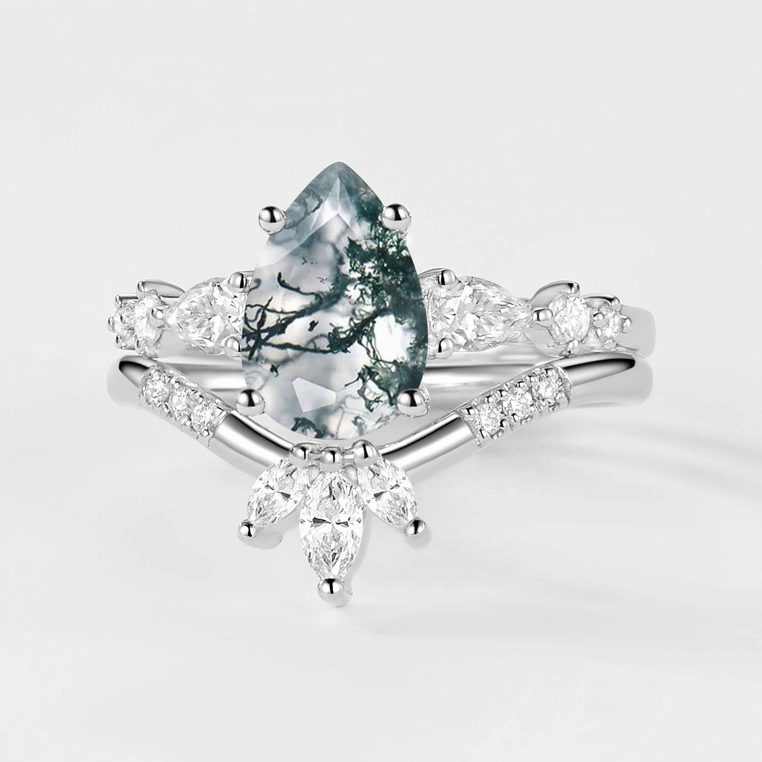 2.0ct Pear Shaped Moss Agate Chevron Bridal Ring Set 2pcs Tech Integrated Bridal Jewelry