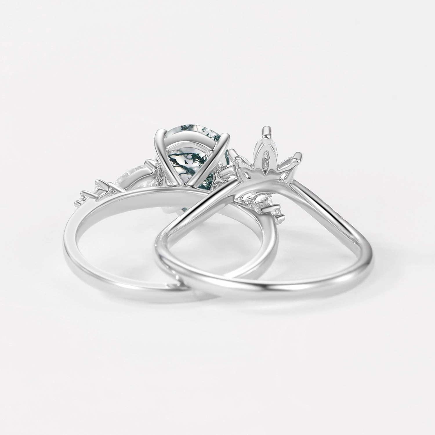 Handmade Glam 2.0ct Pear Shaped Moss Agate Chevron Bridal Ring Set 2pcs