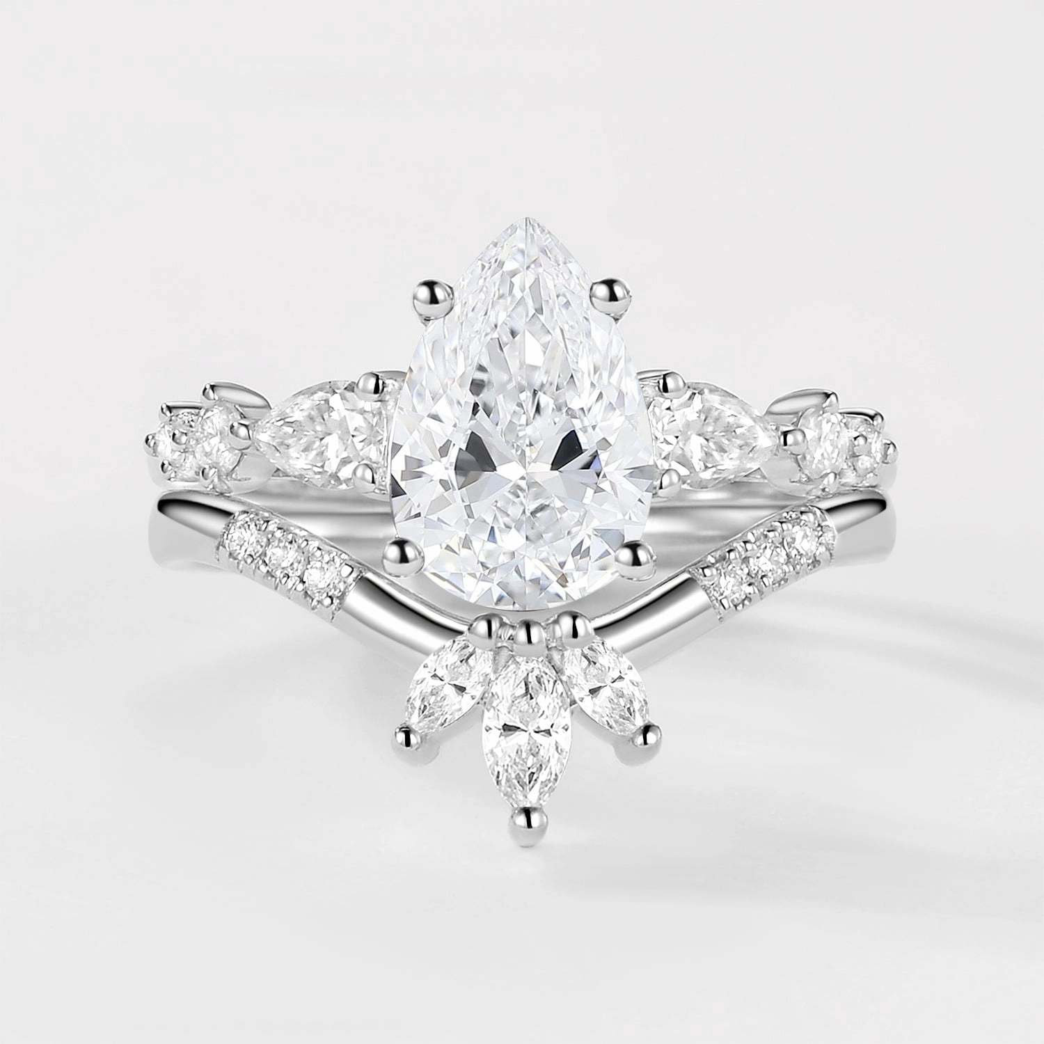 2.0ct Pear Shaped Moss Agate Chevron Bridal Ring Set 2pcs Monochrome Mood Distinct Piece