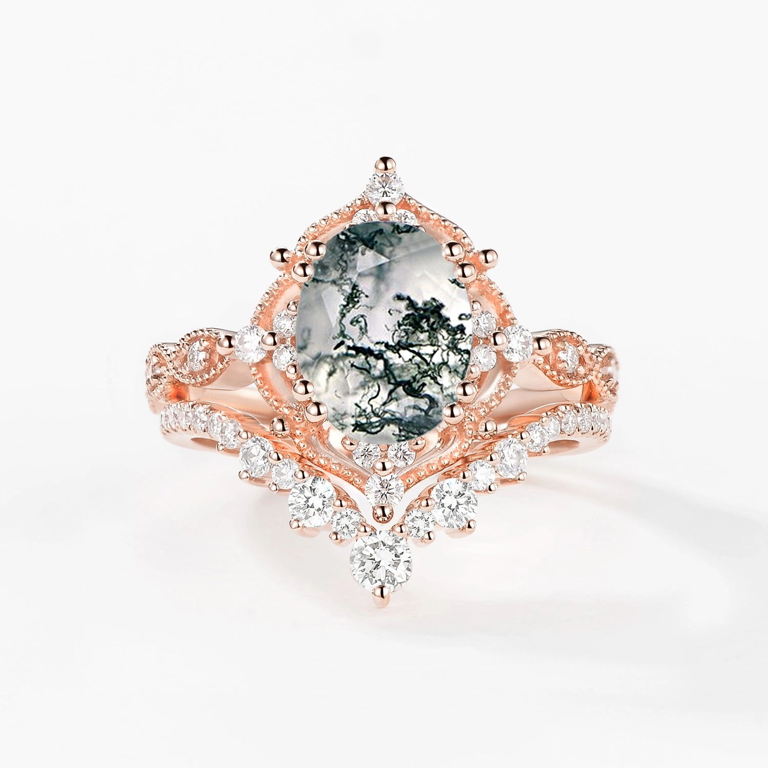 Trendy Charm Glistening Piece 2.0ct Signature Vintage Moss Agate Big Ring Set 2pcs - Charlotte