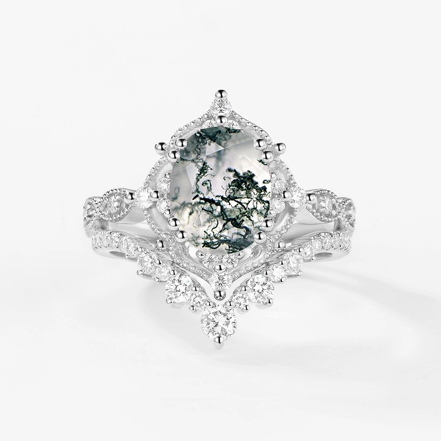 2.0ct Signature Vintage Moss Agate Big Ring Set 2pcs - Charlotte Polished Line