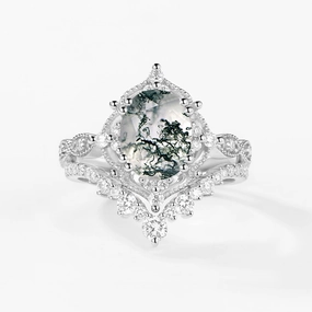 2.0ct Signature Vintage Moss Agate Big Ring Set 2pcs - Charlotte Polished Line