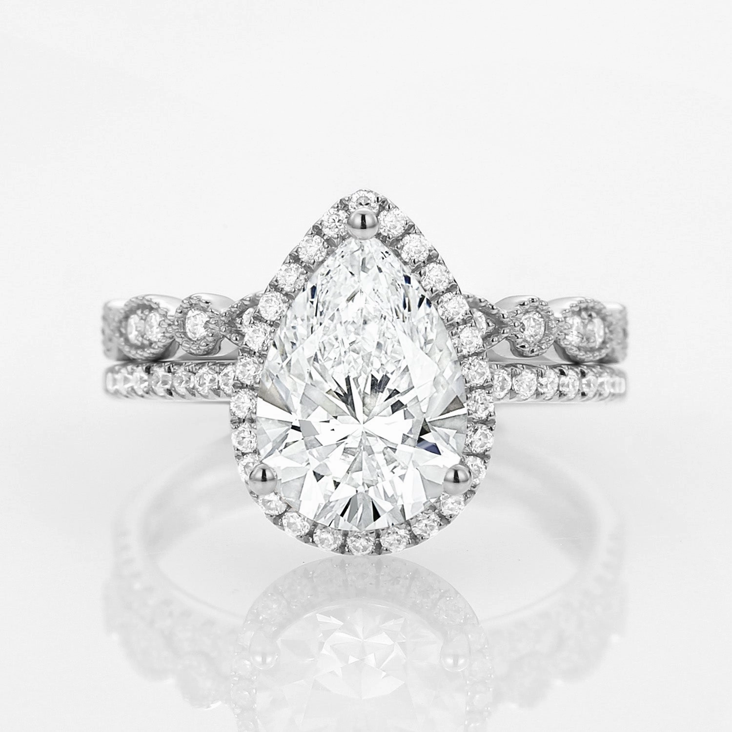 Meaningful Design Stylish Accent 2.0ct Vintage Halo Pear Lab Grown Diamond Ring Set 2pcs