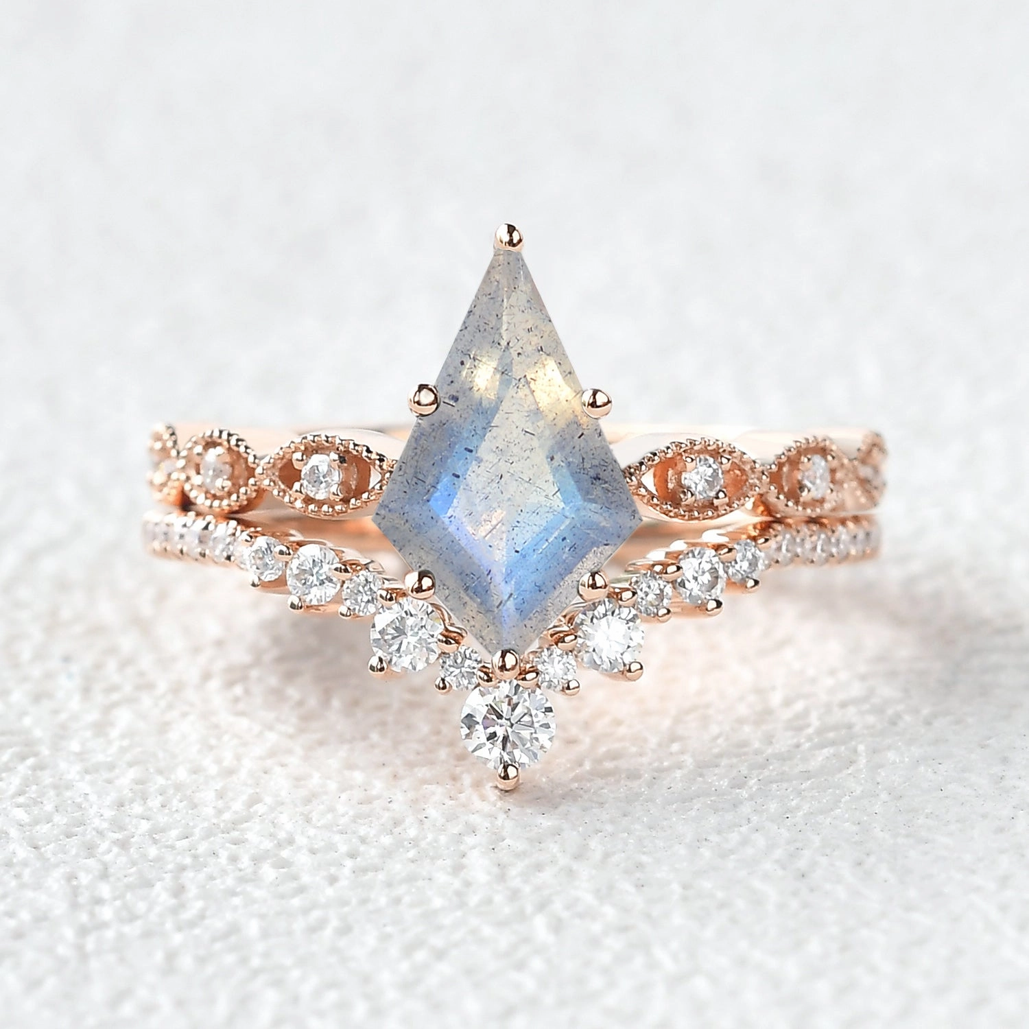 2.0ct Vintage Kite Cut Moss Agate Engagement Ring Set 2pcs - Winona Holiday Ready