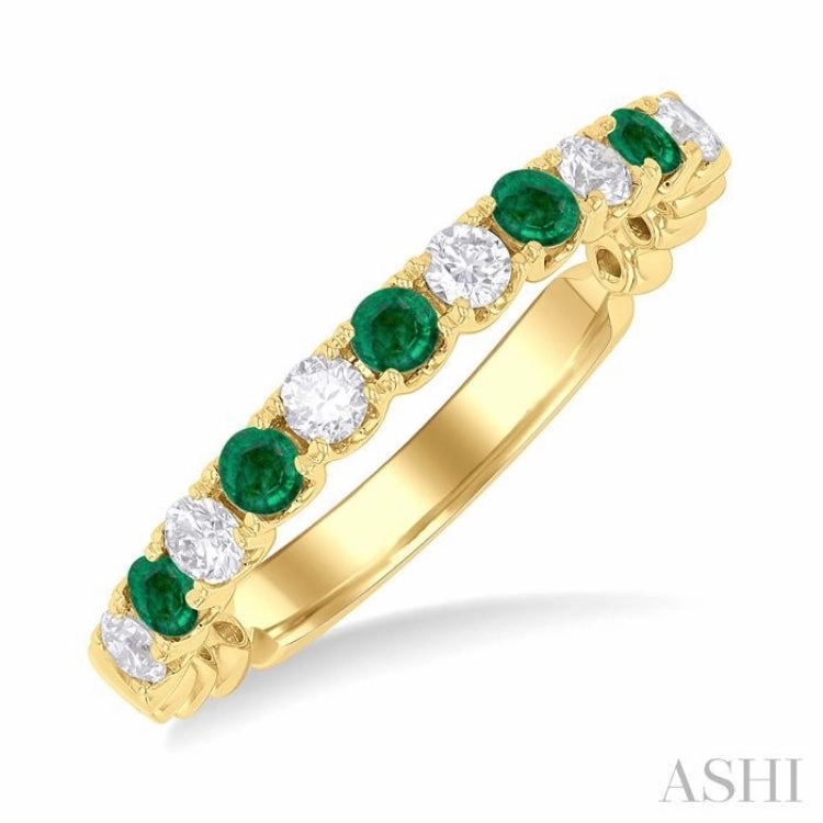 Ornate Creation Environmentally Safe 2.25 MM Emerald and 1/4 ctw Round Cut Diamond Precious Wedding Band in 14K Yellow Gold