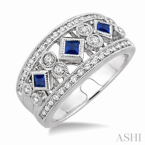 2.2 MM & 2.4 MM Princess Cut Sapphire and 3/8 Ctw Round Cut Diamond Precious Fashion Band in 14K White Gold Hexagonal Style Affordable Appearance