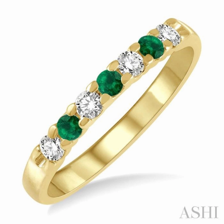 2.3 MM Emerald and 1/5 Ctw Round Cut Diamond Precious Wedding Band in 14K Yellow Gold Lightweight Embellishment