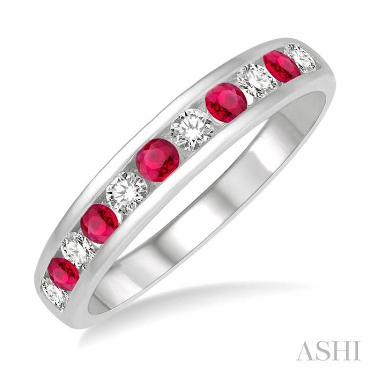 Luxe Finish Vintage Craft 2.3 MM Ruby and 1/4 Ctw Round Cut Diamond Precious Wedding Band in 14K White Gold