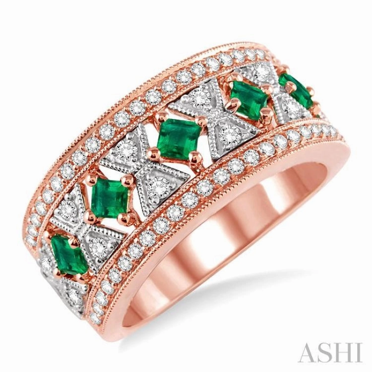2.4 & 2.5 MM princess Cut Emerald and 1/2 Ctw Round Cut Diamond Precious Ring in 14K Rose and White Gold Designer Product