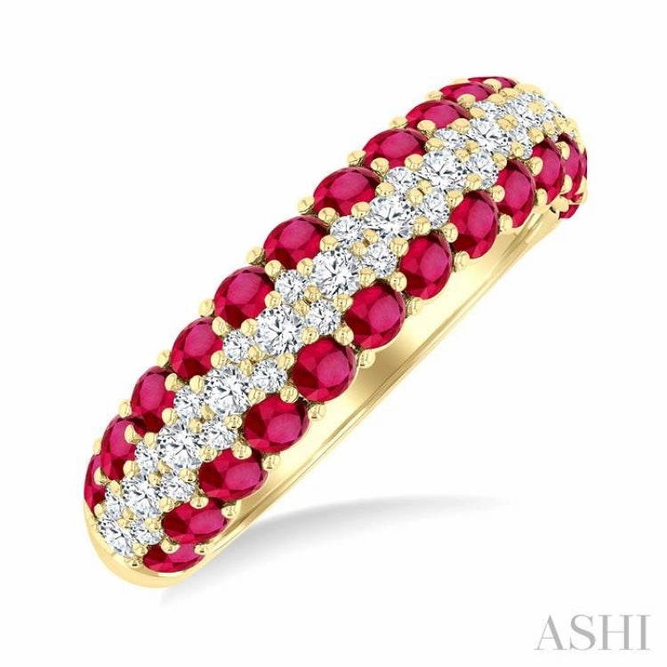 2.4 MM Center Border Round Shape Ruby and 1/2 Ctw Round Cut Diamond Precious Band in 14K Yellow Gold Special Treat High Maintenance