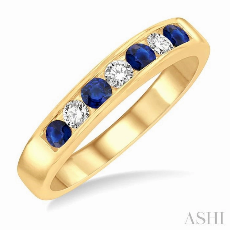 2.5 MM Round Cut Sapphire and 1/5 Ctw Channel Set Round Cut Diamond Band in 14K Yellow Gold Unique Art