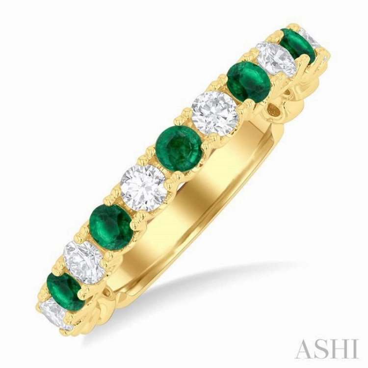 Timeless Beauty Bold Style 2.6 MM Emerald and 3/8 ctw Round Cut Diamond Precious Wedding Band in 14K Yellow Gold