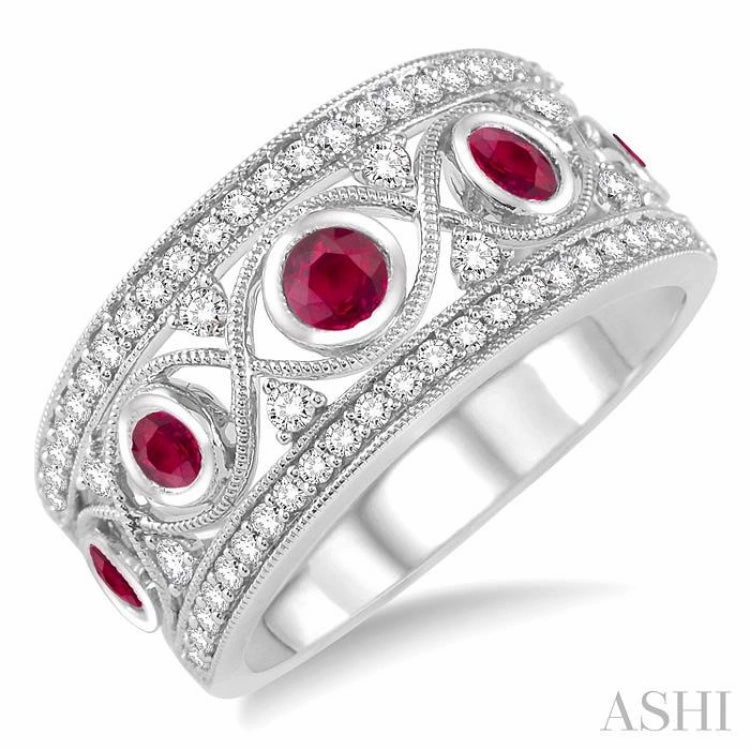 Balanced Texture Modern Jewelry 2.6 MM Round Cut Ruby and 1/2 ctw Round Cut Diamond Precious Band in 14K White Gold