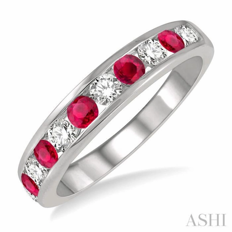 2.6 MM Ruby and 3/8 Ctw Round Cut Diamond Precious Wedding Band in 14K White Gold Bold Symbol