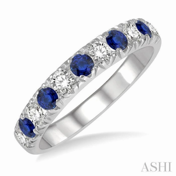 Sparkling Work 2.6 MM Sapphire and 3/8 ctw Round Cut Diamond Precious Wedding Band in 14K White Gold