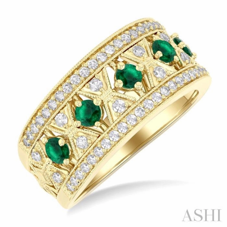 Casual Outfit 2.8 MM Hexagon Window Emerald and 1/2 Ctw Round Cut Diamond Precious Fashion Band in 14K Yellow Gold