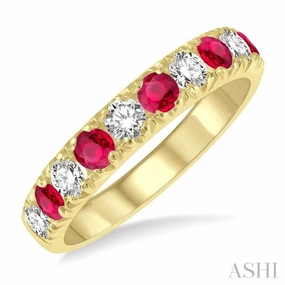 Meaningful Expression Secure Piece 2.9 MM Ruby and 1/2 ctw Round Cut Diamond Precious Wedding Band in 14K Yellow Gold