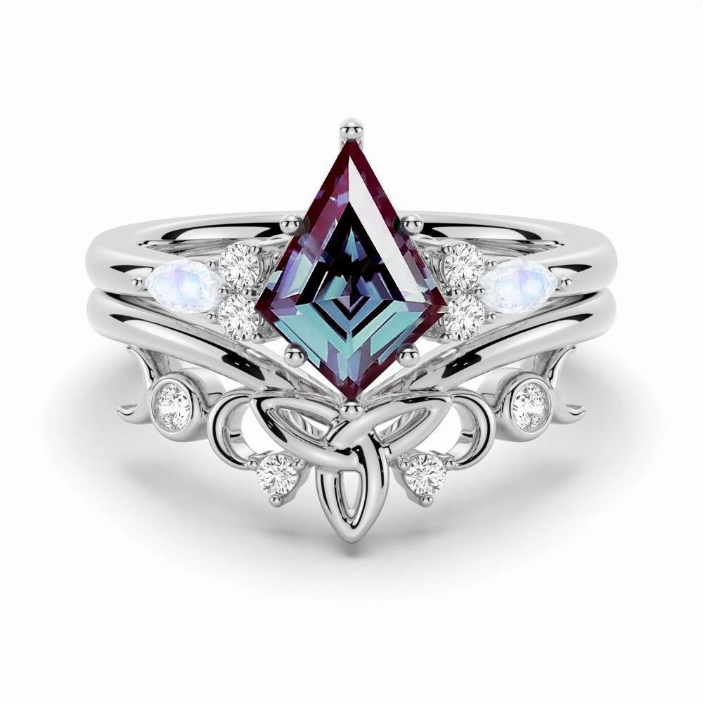 2 CT. Art Deco Unique Kite Cut Alexandrite Engagement Ring Set With Moonstone Accents Cozy Glow