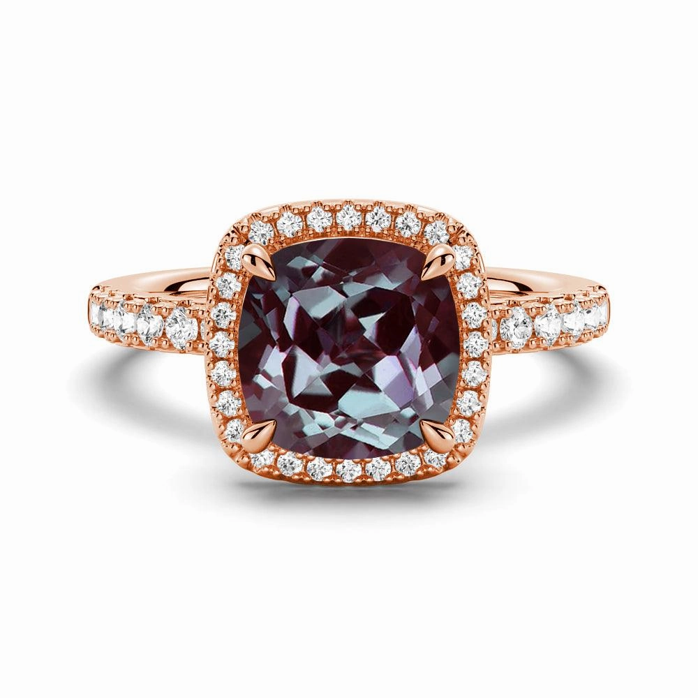 Highlight Accent Handcrafted Treasures 2 CT. Cushion Cut Alexandrite Engagement Ring With Moissanite Halo Pav??