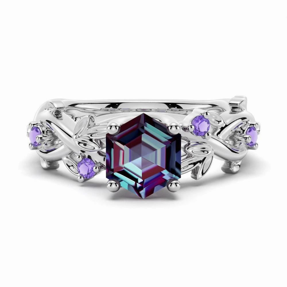 Allure Form 2 CT Vintage Hexagon Cut Alexandrite Engagement Ring With Amethyst
