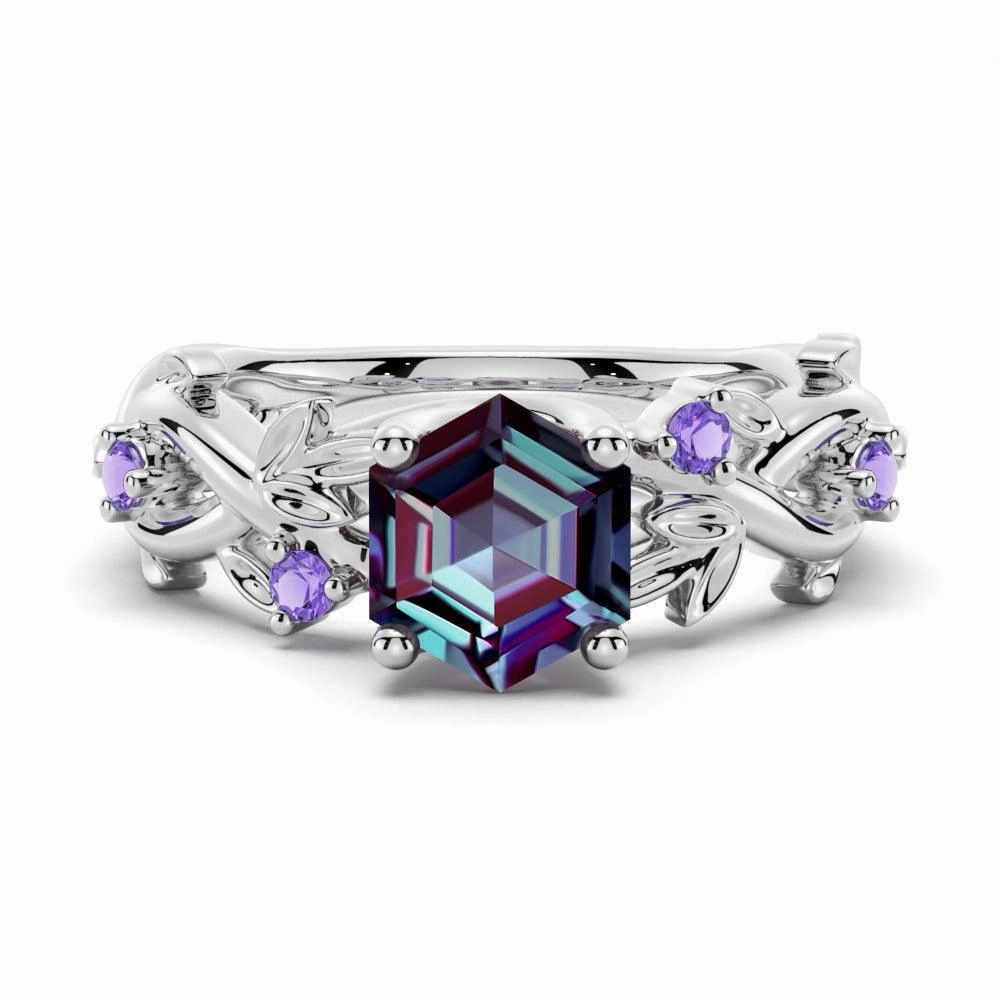 Glamorous look Fusion Form 2 CT Vintage Hexagon Cut Alexandrite Engagement Ring With Amethyst