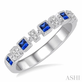 Delicate Adornment 2 MM Princess Shape Sapphire and 1/50 Ctw Round Diamond Precious Stone Wedding Band in 14K White Gold