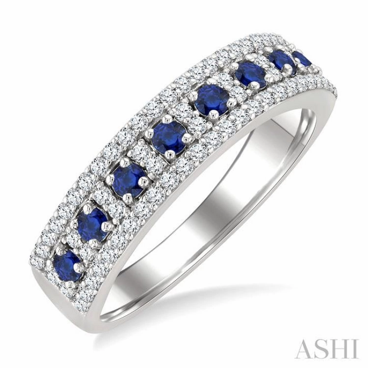 2 MM Round Shape Sapphire and 1/3 Ctw Round Cut Diamond Precious Fashion Band in 14K White Gold highly recommended