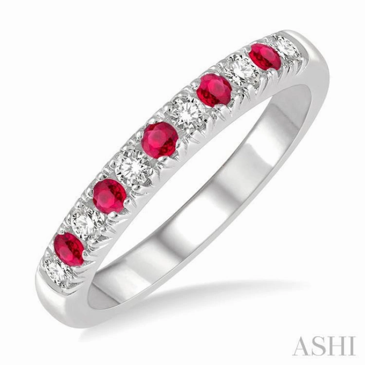 Glamorous Style Size Flexible 2 MM Ruby and 1/5 Ctw Round Cut Diamond Precious Wedding Band in 14K White Gold