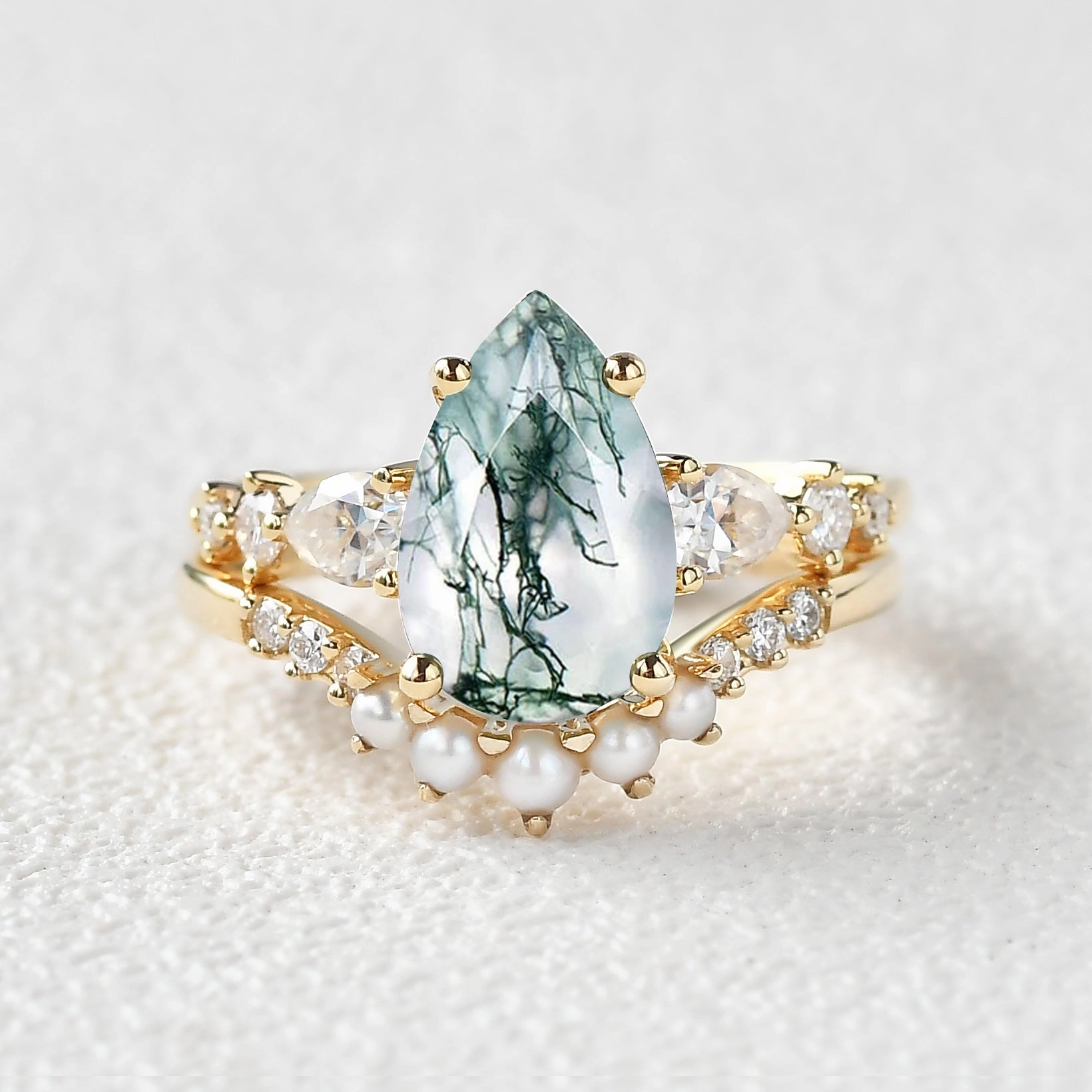 Hypoallergenic Object Wonderful Ornament 3.0ct Pear Shaped Moss Agate & Pearl Bridal Ring Set 2pcs