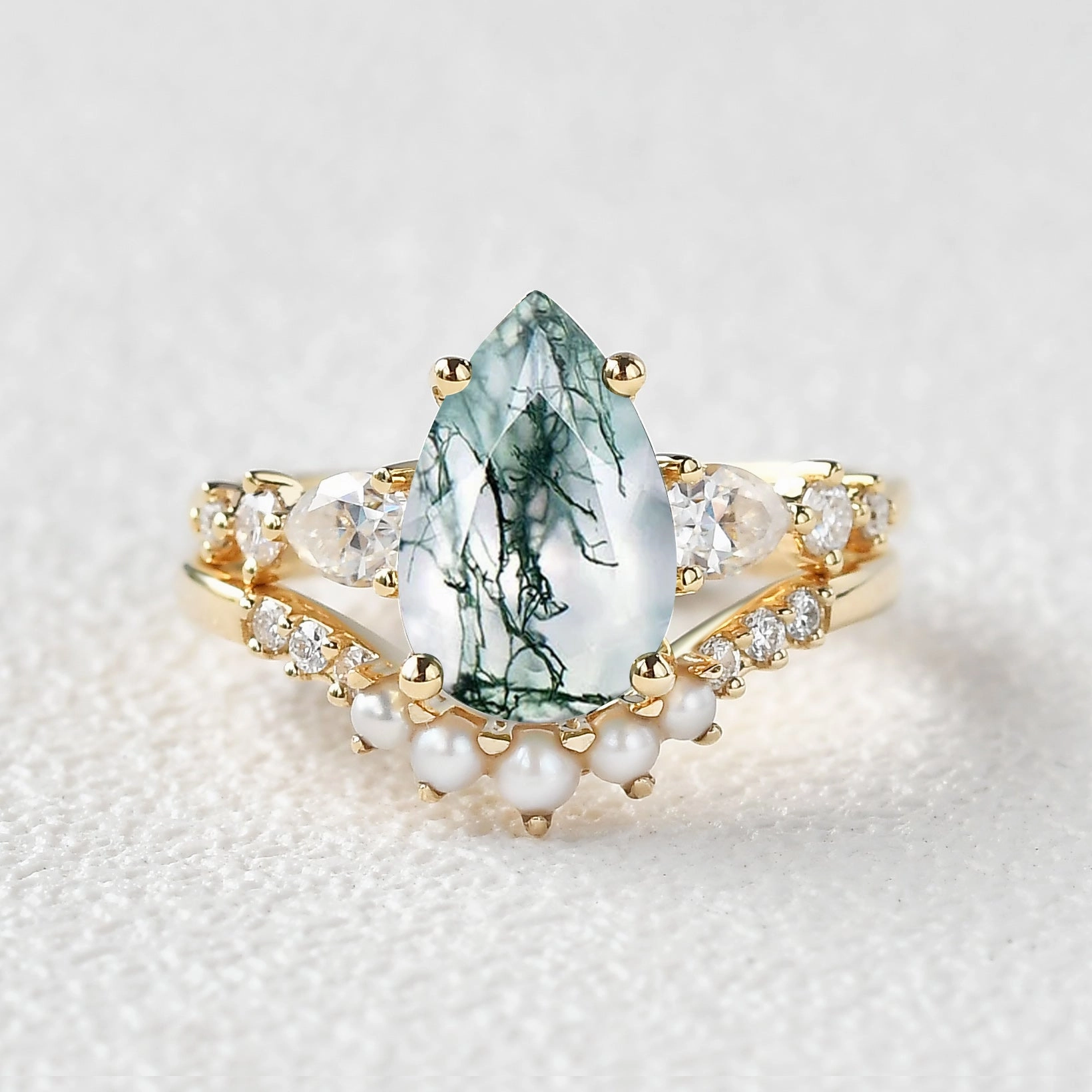 3.0ct Pear Shaped Moss Agate & Pearl Bridal Ring Set 2pcs Charming Pieces Design Dazzling Piece