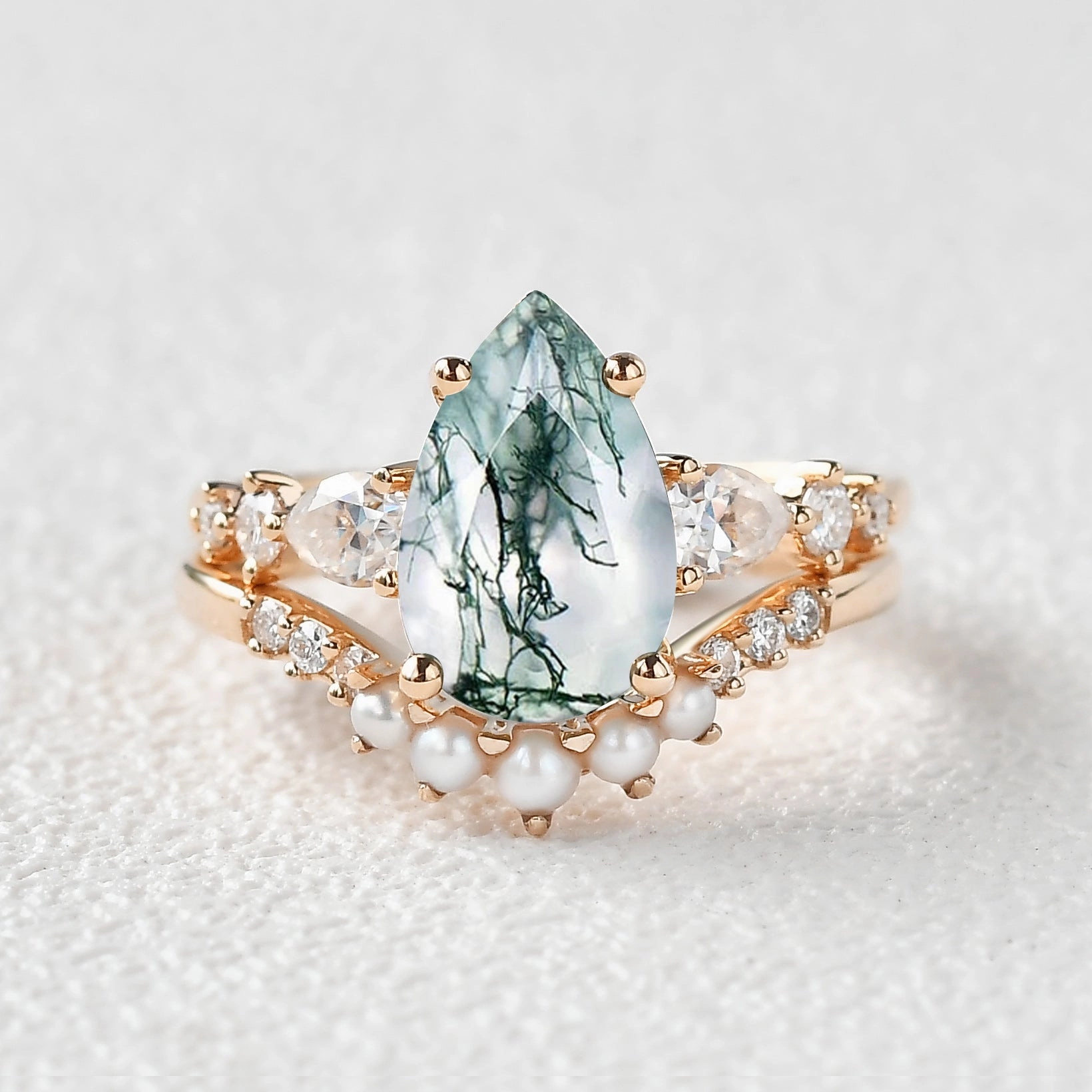 3.0ct Pear Shaped Moss Agate & Pearl Bridal Ring Set 2pcs Highlight Moment Fresh Design