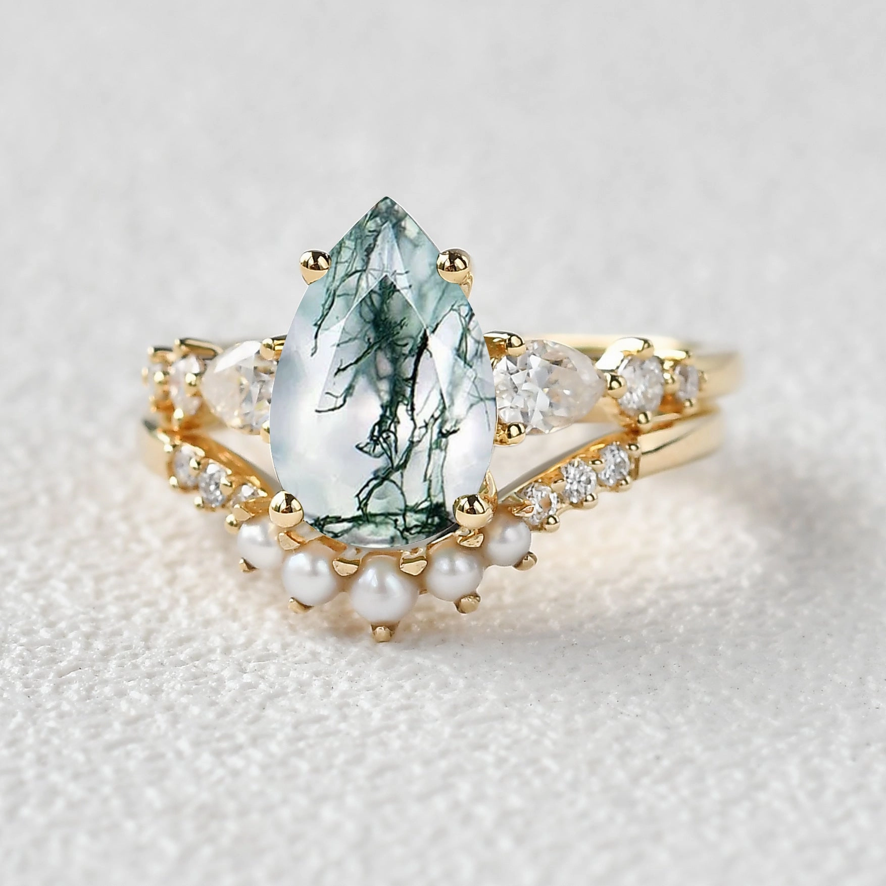 Soft Focus Shiny look 3.0ct Pear Shaped Moss Agate & Pearl Bridal Ring Set 2pcs