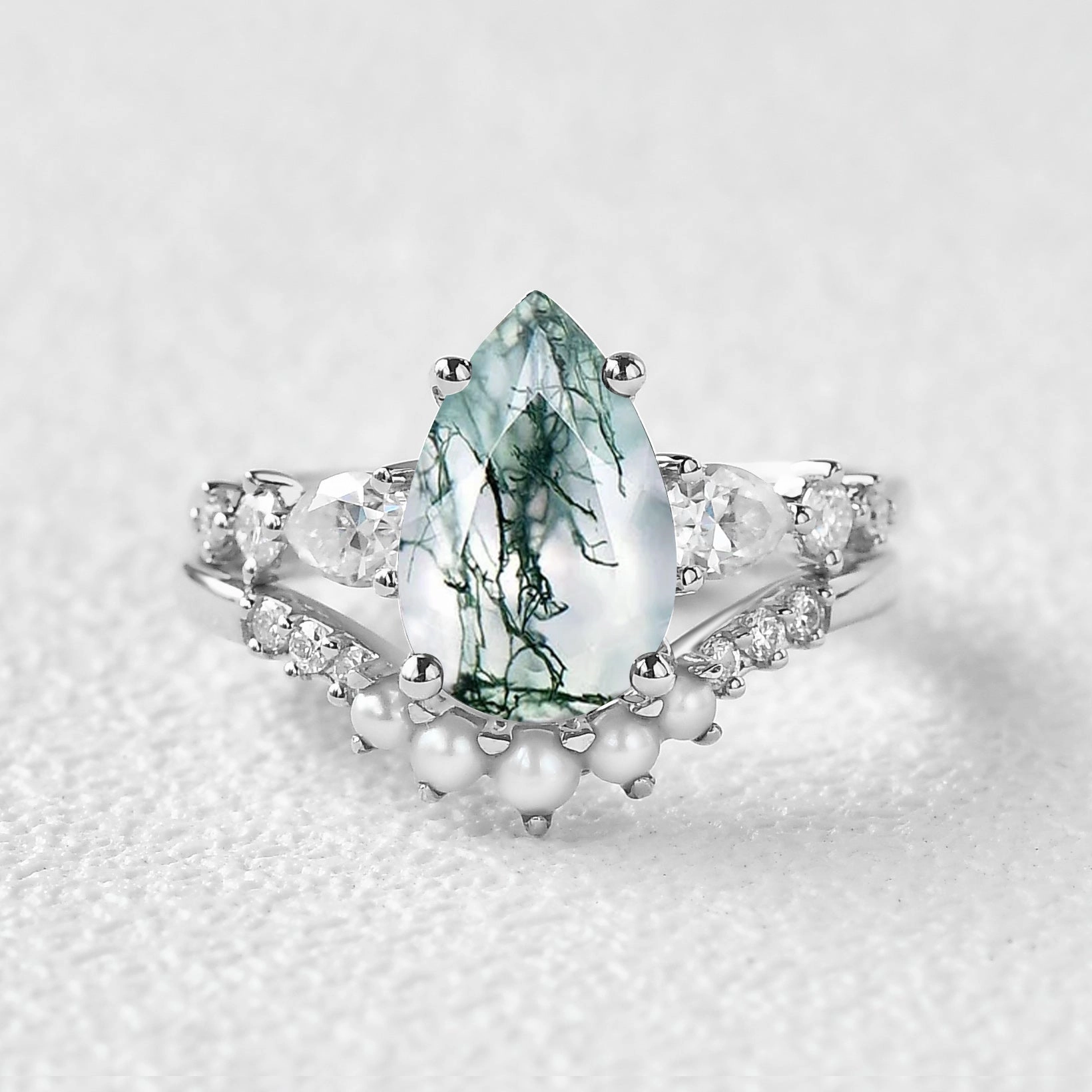Cosmopolitan Style Universal Design 3.0ct Pear Shaped Moss Agate & Pearl Bridal Ring Set 2pcs