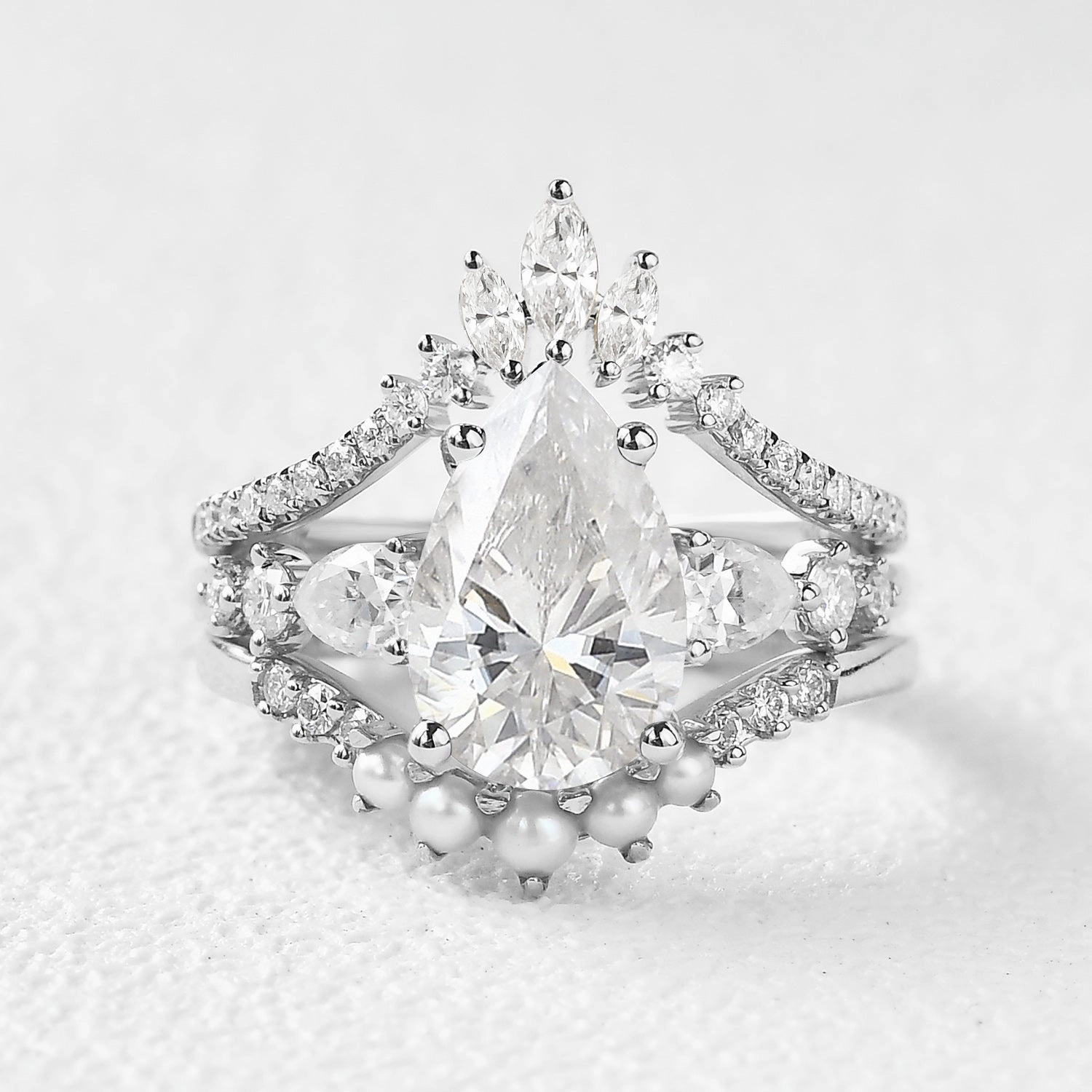 Lightweight Ornament 3.0ct Pear Shaped Moss Agate & Pearl Bridal Ring Set 3pcs