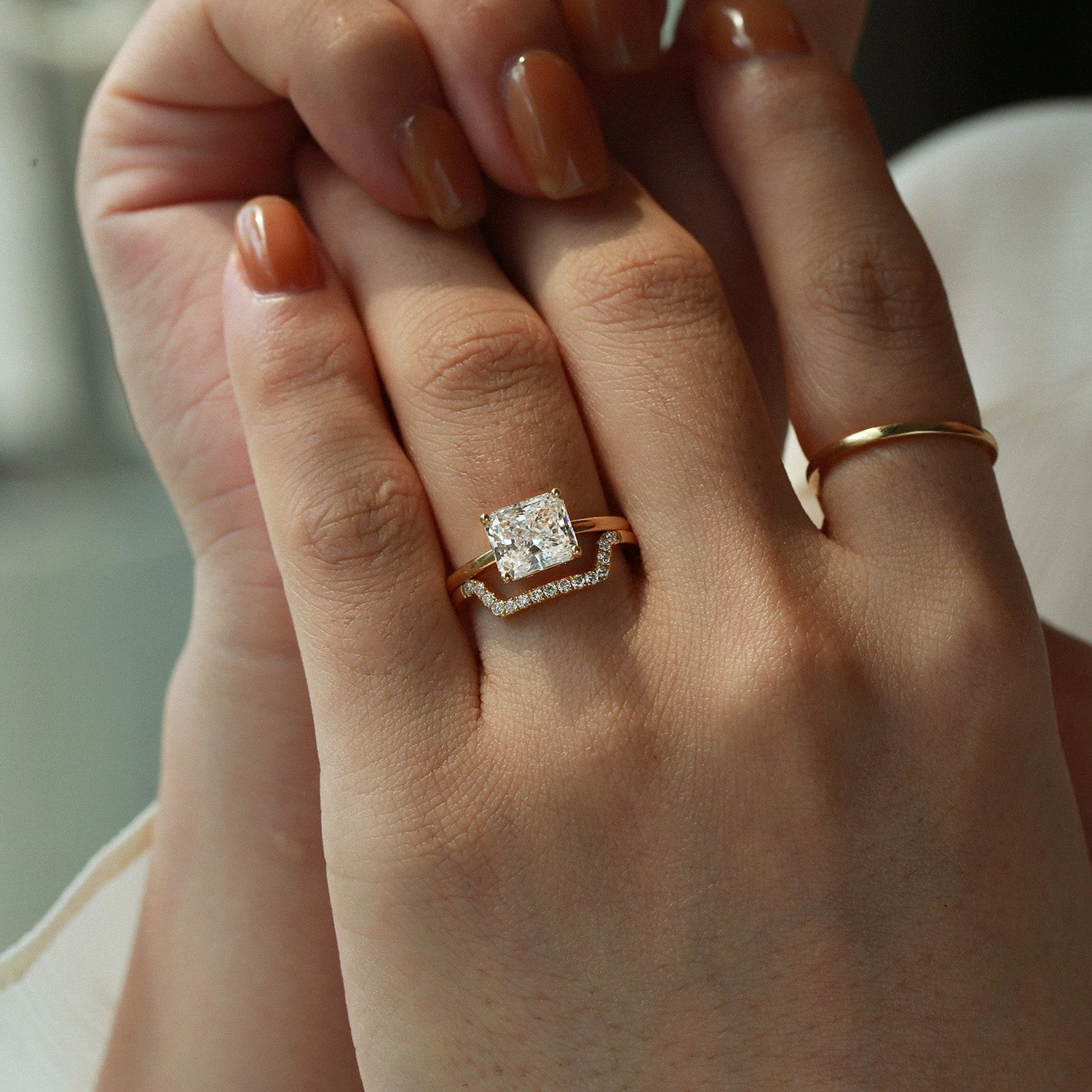 3.0ct Radiant Cut Moissanite Solitaire Ring Set 2pcs Textured Detail Fashion Detail