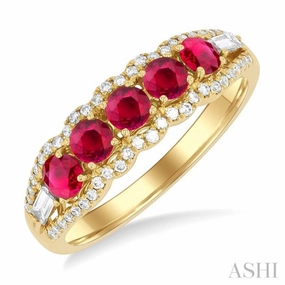 Textured Finish Personal Object 3.1 MM Round Ruby and 1/4 Ctw Baguette and Single Cut Diamond 5-Stone Precious Ring in 14K Yellow Gold