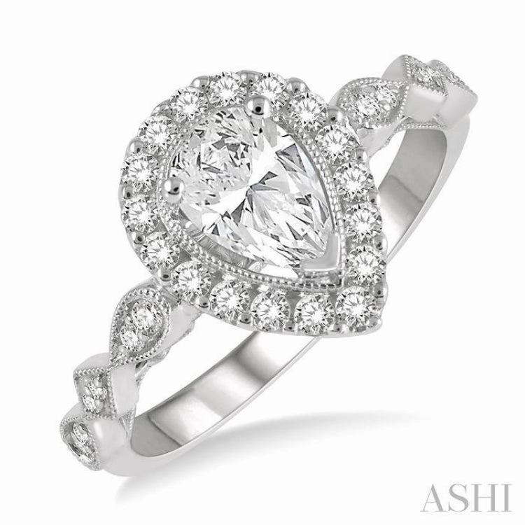 Trendy Edge Chic Article 3/4 Ctw Carved Shank Round Cut Diamond Engagement Ring With 3/8 Ct Pear Cut Center Stone in 14K White Gold