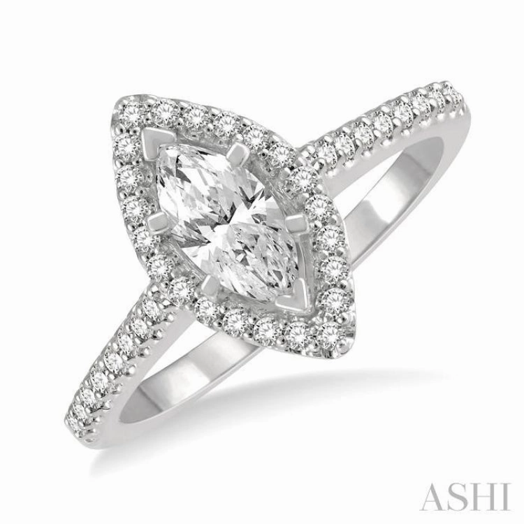 Ancestral Style 3/4 Ctw Round Cut Diamond Engagement Ring With 1/2 Ct Marquise Cut Center Stone in 14K White Gold