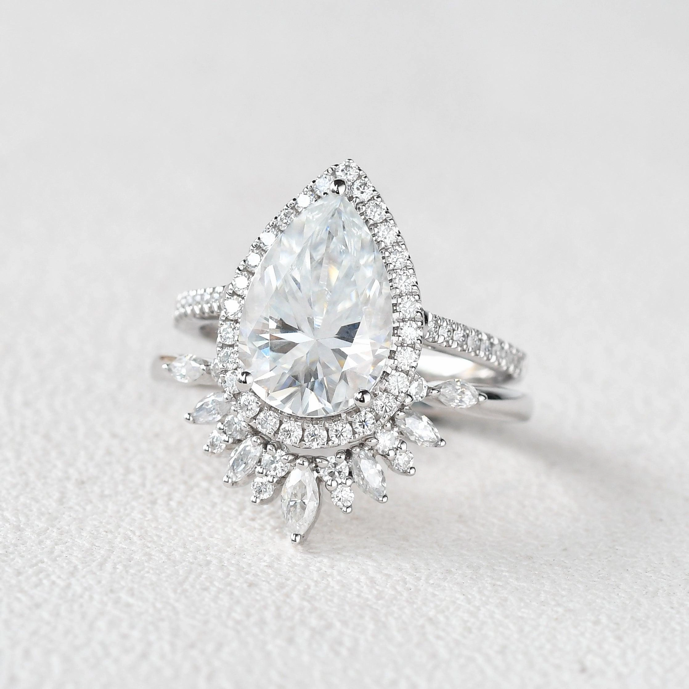 Vintage Product 3.5ct Pear Shaped Moissanite White Gold Halo Ring Set 2pcs