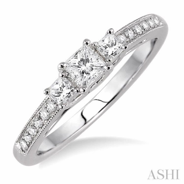 Minimal Look 3/8 ctw Diamond Engagement Ring with 1/5 Ct Princess Cut Center Stone in 14K White Gold