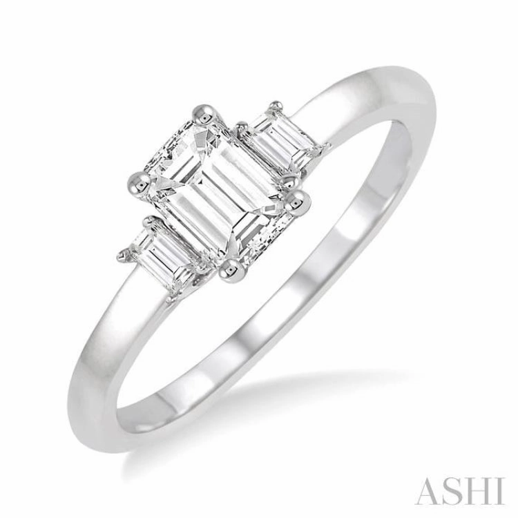 3/8 Ctw Octagonal and Baguette Diamond Ladies Engagement Ring with 1/3 Ct Emerald cut Center Stone in 14K White Gold Mid Century Shiny Statement