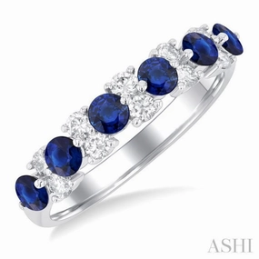 Trendy Accent 3 MM Sapphire and 1/3 Ctw Round Cut Diamond Precious Band in 14K White Gold